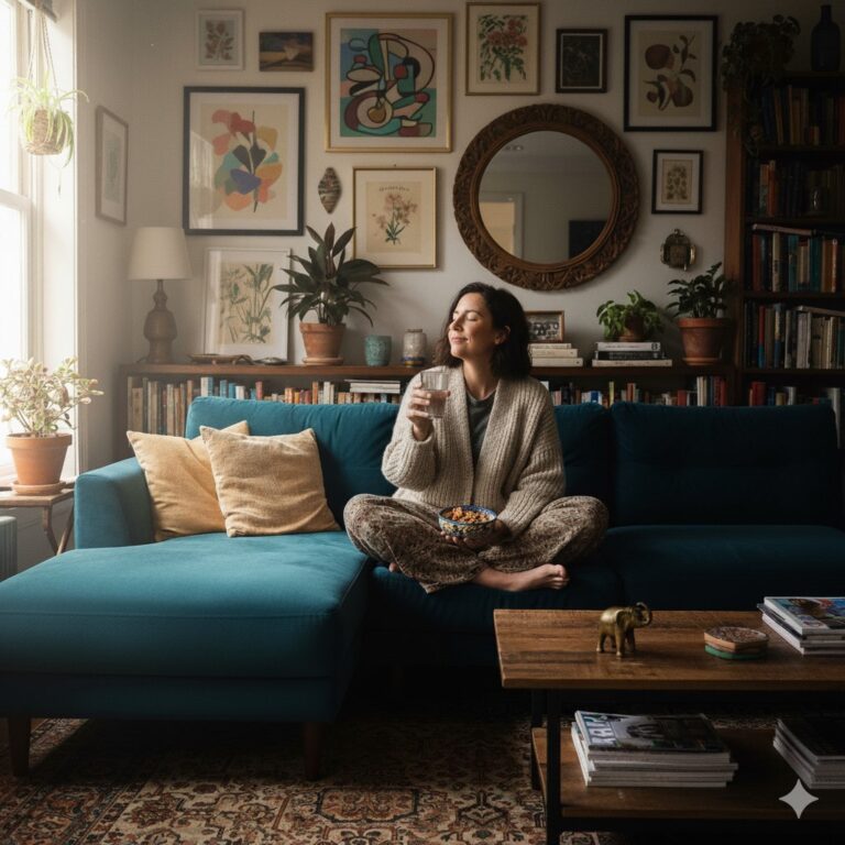 A person sitting on a comfy couch with a glass of water and a snack, looking calm and relaxed. A guide from JDM Cannabis on how to feel better if you get too high.