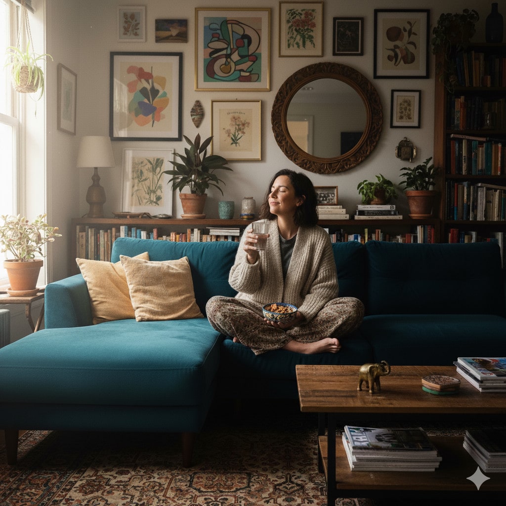 A person sitting on a comfy couch with a glass of water and a snack, looking calm and relaxed. A guide from JDM Cannabis on how to feel better if you get too high.