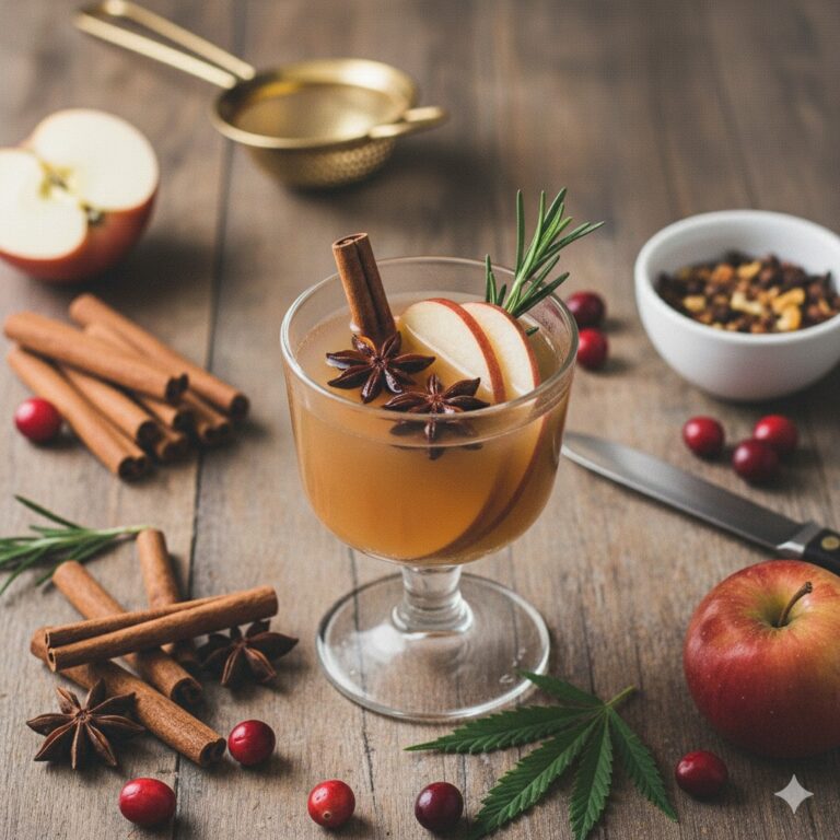 A festive, warm cannabis cocktail in a glass mug, garnished with a cinnamon stick and apple slice, next to Thanksgiving elements.