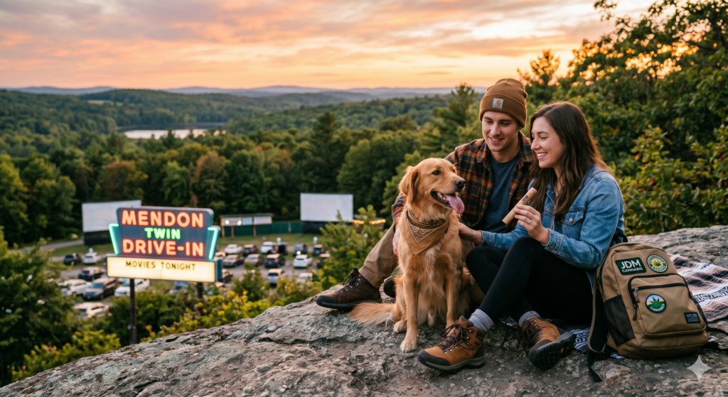 A couple and their dog enjoying a sunset view of the Mendon Twin Drive-In after a hike, featuring a JDM Cannabis Mendon branded backpack.