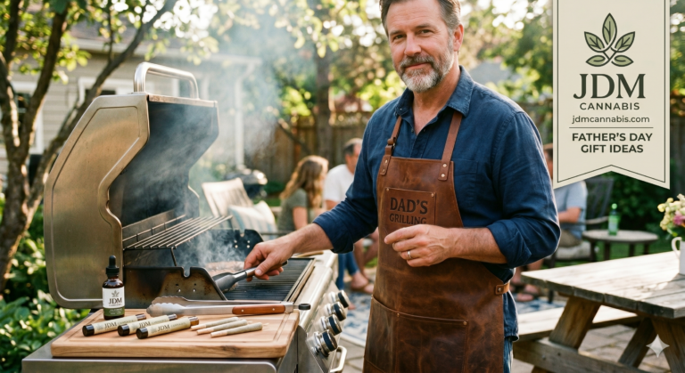 A father grilling at a backyard barbecue next to a picnic table, featuring JDM Cannabis branded pre-rolls and tinctures on a cutting board, with a Father’s Day gift ideas graphic for the Mendon, MA dispensary.