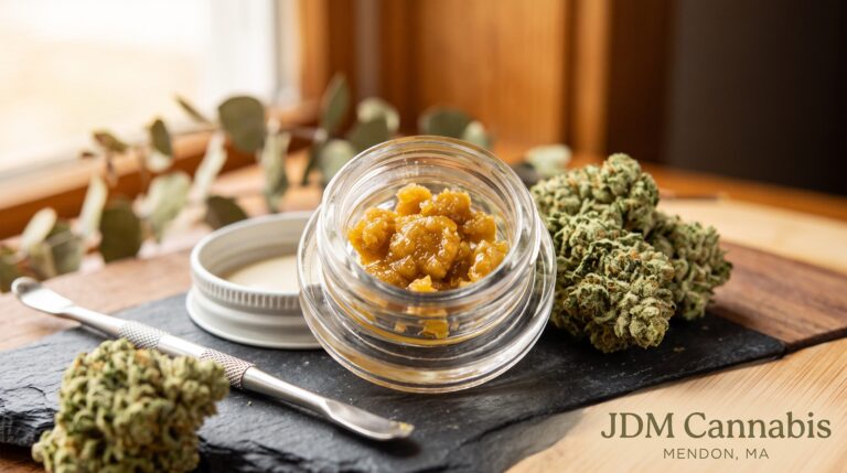 Premium solventless live rosin and cannabis flower on a slate board at JDM Cannabis in Mendon, MA.